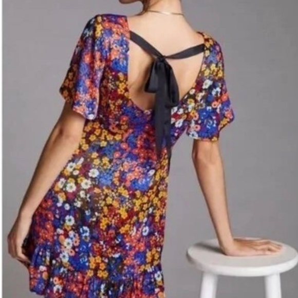 Anthropologie Women's Floral Ruffled Satin Mini Dress Size 2 Multicolor - Picture 3 of 6